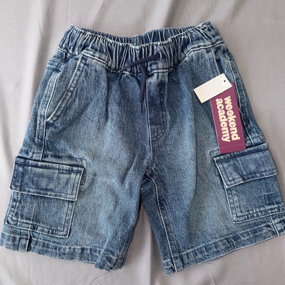 Boys Pull On Denim Cargo Shorts Medium Wash Blue XS 4-5 Weekend Academy